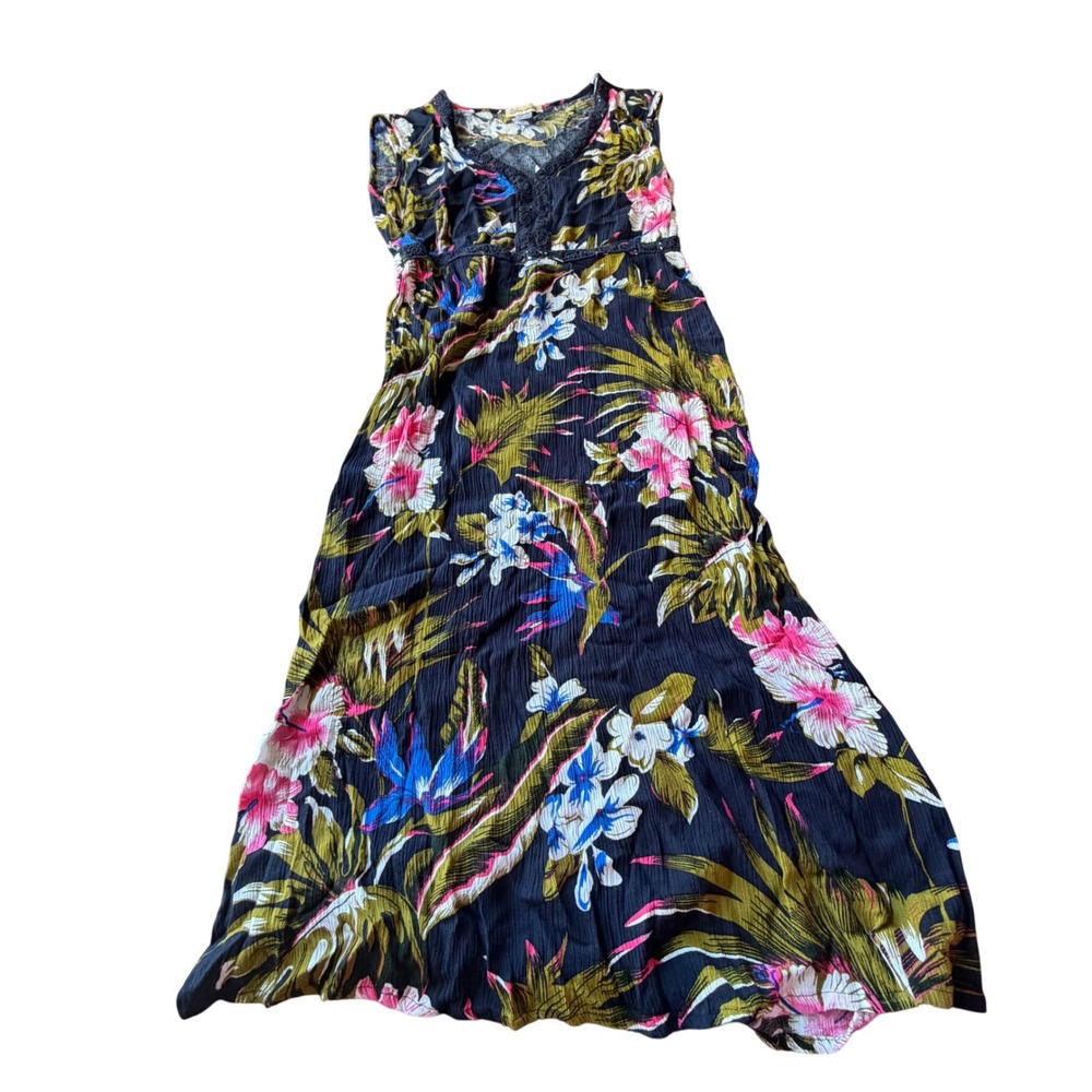 Davina Tropical Floral Maxi Dress Black Crochet Lace Trim Sleeveless Size L